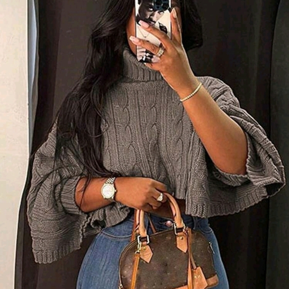 Women's Solid Color Turtleneck Loose Cropped Sweater, Autumn/Winter - Picture 1 of 6